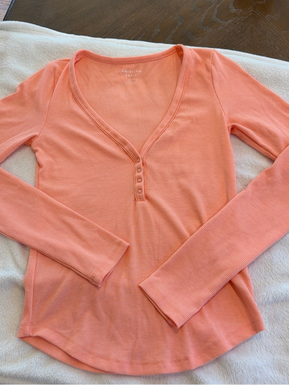 American Eagle Outfitters Coral Ribbed Henley Long Sleeve Top